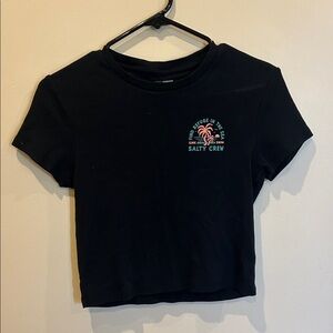 Salty Crew Black Crop Tee with Pink and Teal Palm Graphic